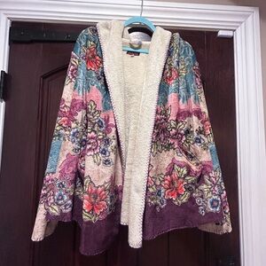 Johnny Was Biya Floral Hooded Open Sherpa Cardigan with Colorful Design